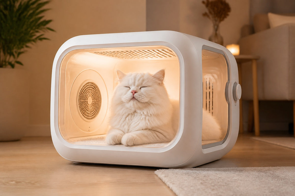A fluffy white cat sits inside a small white heated cat bed with a warm glowing interior, placed on a wooden floor in a softly lit living room.